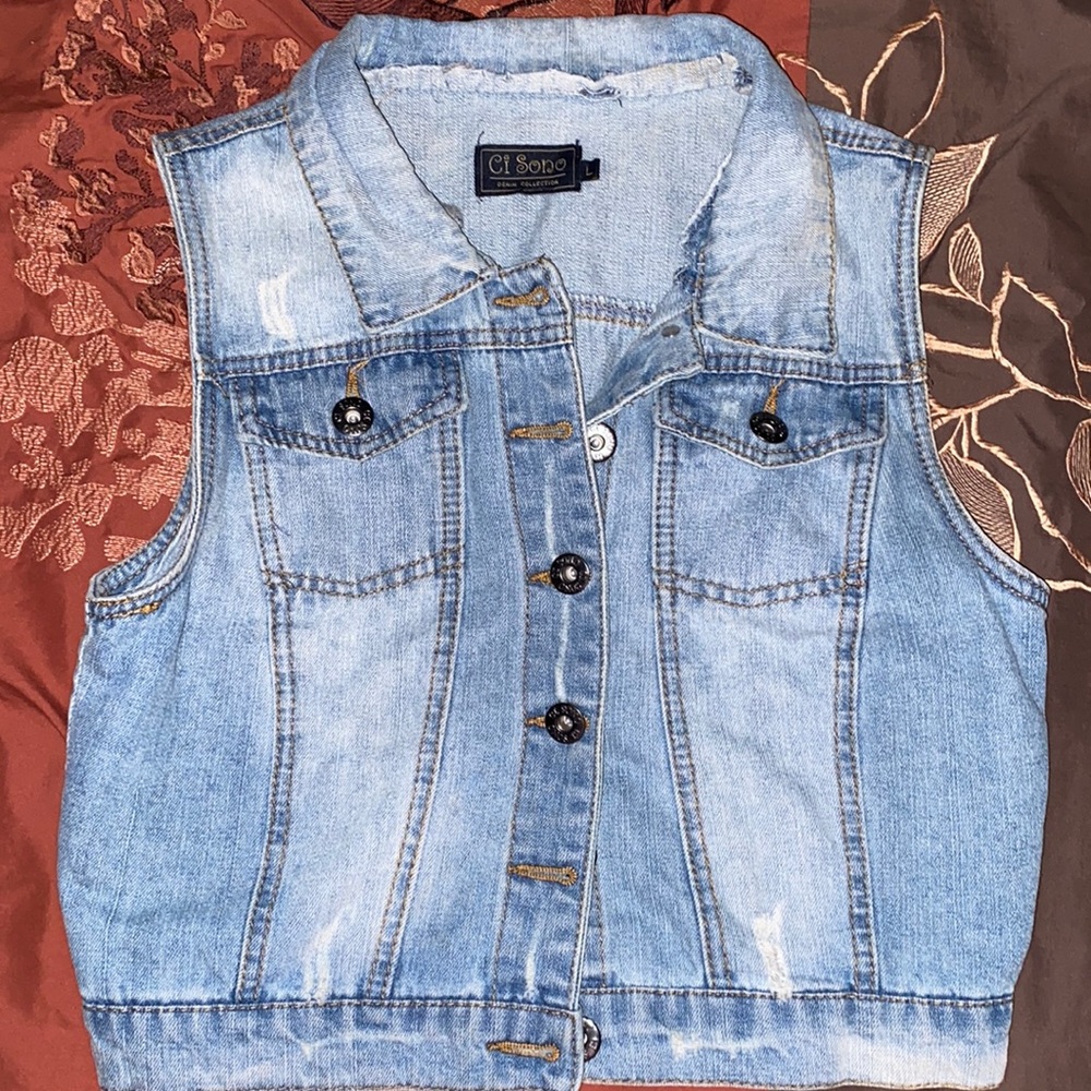 Ci Sono Distressed Denim Vest Sleeveless Jean Jacket